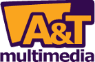 Logo A&T Multimedia con scritta in arancione e viola